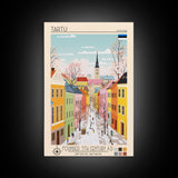 Tartu Estonia Travel Poster Framed Canvas Print, Midcentury Modern Art, Pop Art Wall Decor, Living Room Art, Home Decoration