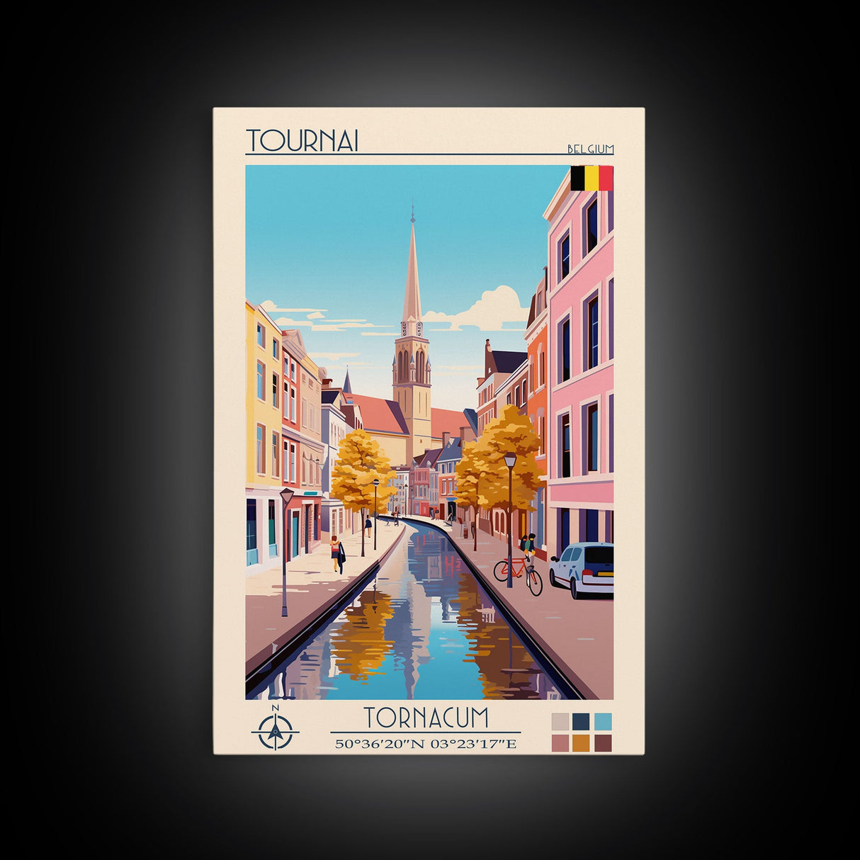 Tournai Belgium Travel Poster Framed Canvas Print, Midcentury Modern Art, Pop Art Wall Decor, Living Room Art, Scenic Wall Art