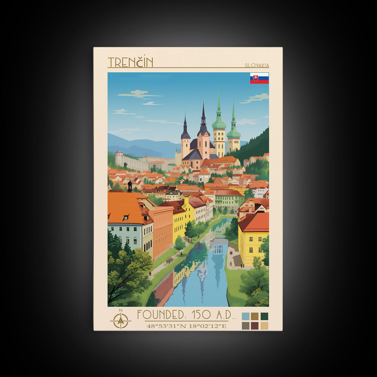 Trenčín Slovakia Travel Poster Framed Canvas Print, Midcentury Modern Art, Pop Art Wall Decor, Living Room Art, Vacation Gift