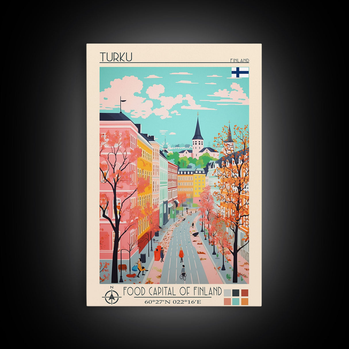 Turku Finland Travel Poster Framed Canvas Print, Midcentury Modern Art, Pop Art Wall Decor, Living Room Art, Scenic Wall Art