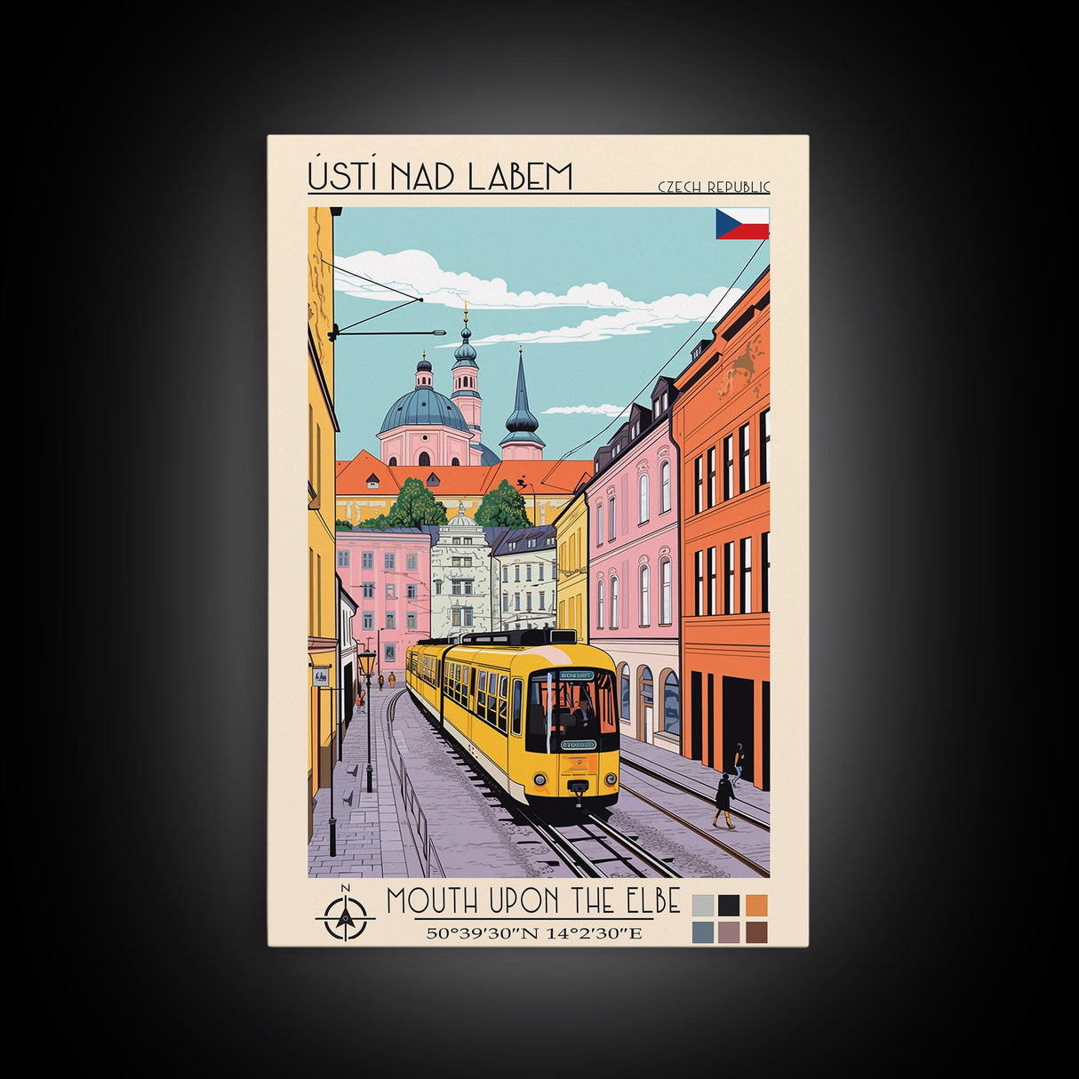 Ústí nad Labem Czech Republic Travel Poster Framed Canvas Print, Midcentury Modern Art, Pop Art Wall Decor, Living Room Art