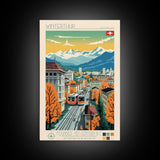 Winterthur Switzerland Travel Poster Framed Canvas Print, Midcentury Modern Art, Pop Art Wall Decor, Living Room Art, Scenic Wall Art