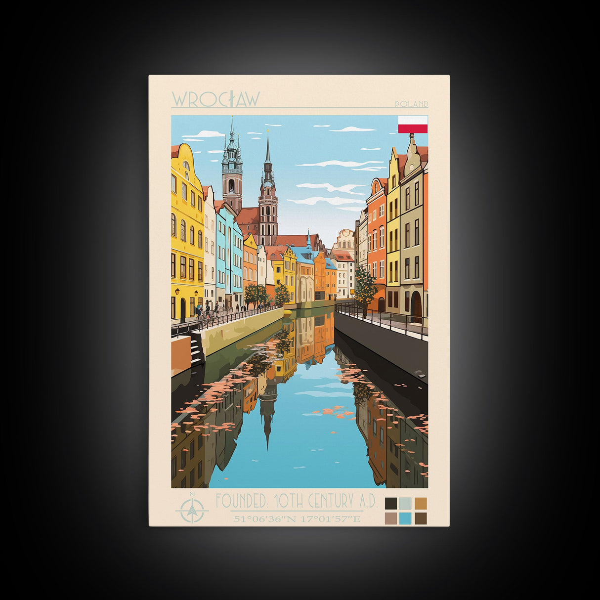 Wrocław Poland Travel Poster Framed Canvas Print, Midcentury Modern Art, Pop Art Wall Decor, Living Room Art, Scenic Wall Art