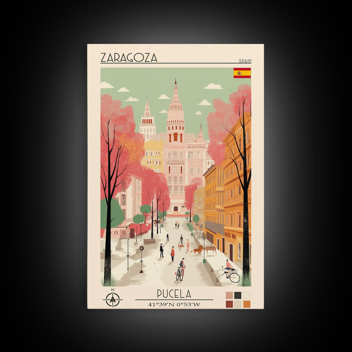 Zaragoza Spain Travel Poster Framed Canvas Print, Midcentury Modern Art, Pop Art Wall Decor, Living Room Art, Vacation Gift