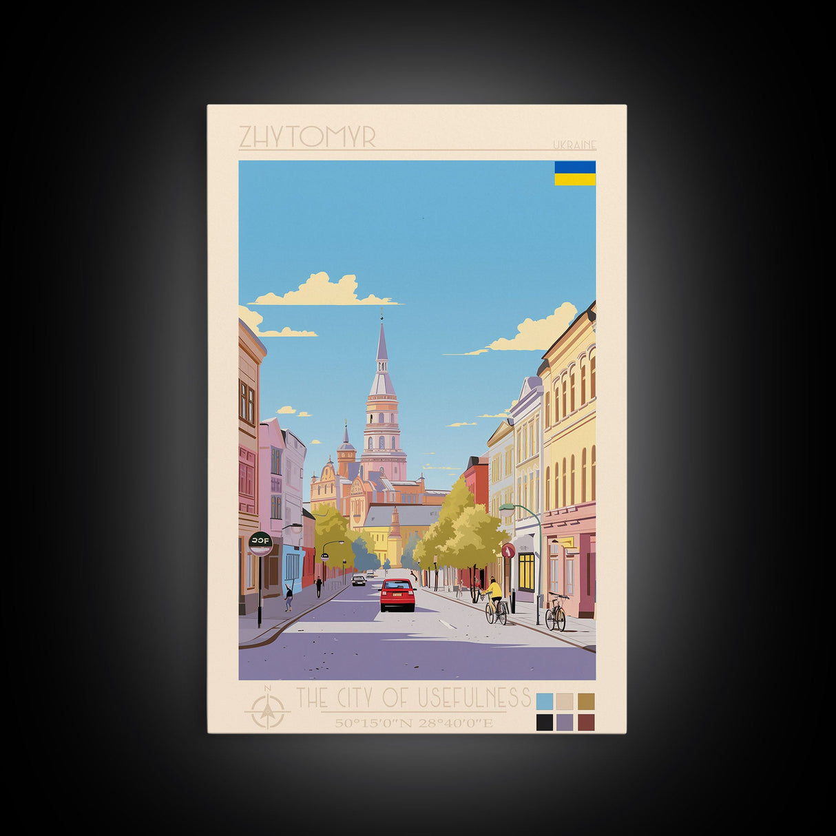 Zhytomyr Ukraine Travel Poster Framed Canvas Print, Midcentury Modern Art, Pop Art Wall Decor, Living Room Art, Home Decoration