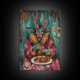 A demon eating some hot wings - hope he didn't sell his soul for them they look pretty good! Halloween Wall Art Framed Canvas