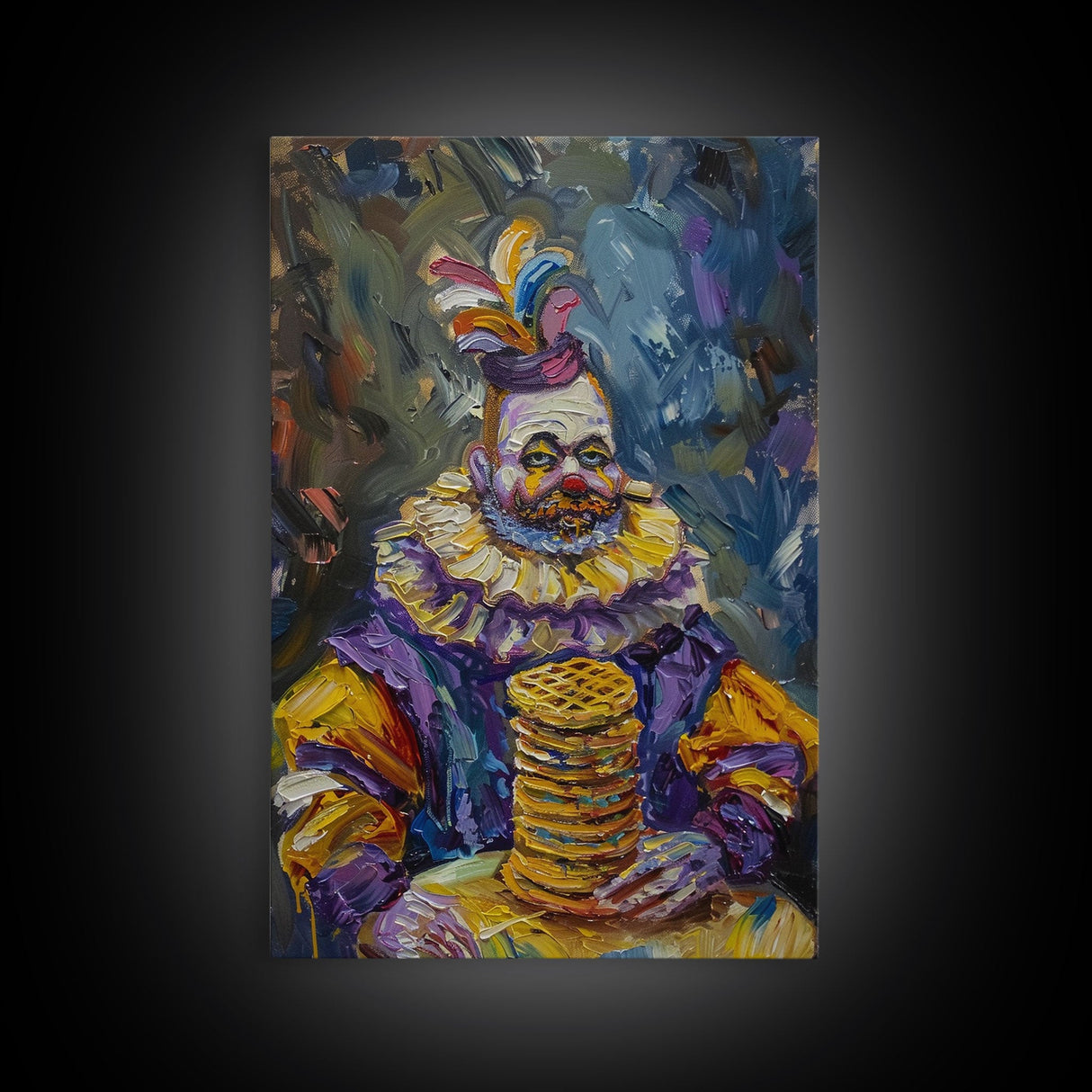 Whimsical Clown with Pancakes Framed Canvas Print | Halloween Circus Art | Spooky Clown Decor | Fun Circus Clown Art for Home Decoration