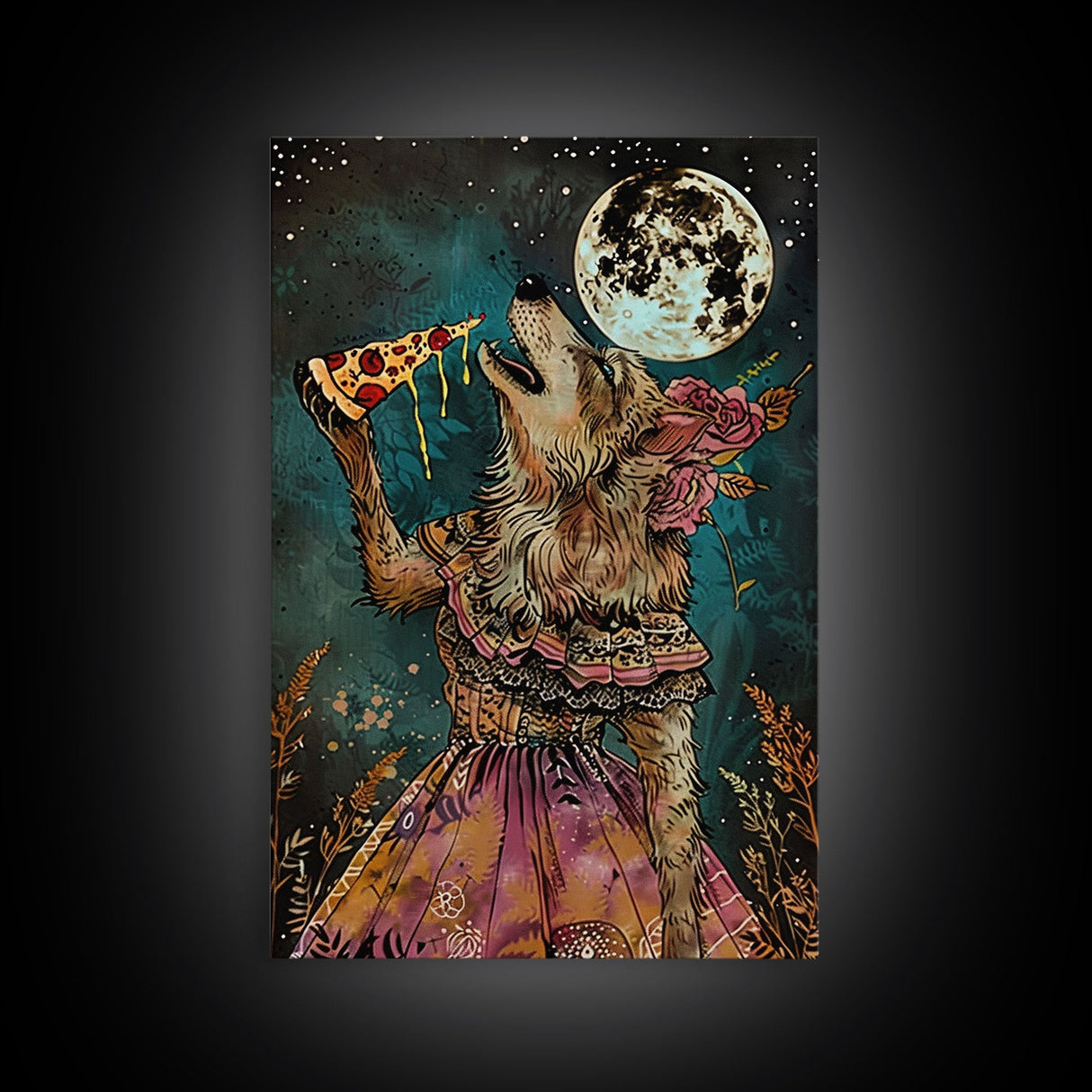 Werewolf Devouring a Pizza in a Colorful Halloween Setting, Bringing a Mix of Horror and Humor to Your Spooky Wall Art Collection