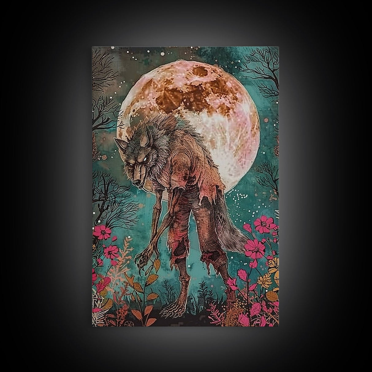 Werewolf Among Flowers and Full Moon Framed Canvas Print | Halloween Monster Art | Spooky Werewolf Decor for Home | Floral and Moon Artwork