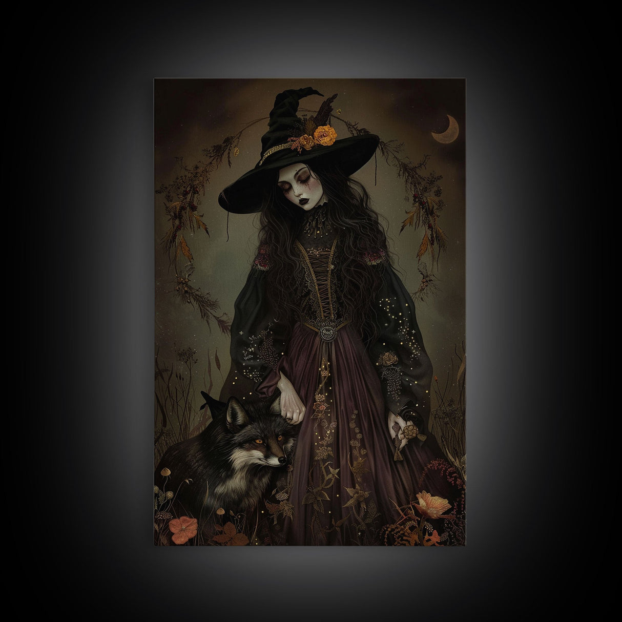 Witch and Fox Framed Canvas Print, Melancholic Witch Painting, Halloween Decor, Witchy Art, Spooky Vibes, Moody Decor