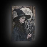 Witch with Wise Owl Under Full Moon, Framed Canvas Print, Mystical Witchcraft Art, Witch and Owl, Spooky Home Decor, Halloween Wall Art