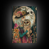 Witch Holding Owl Under Full Moon Glow - Enchanting Halloween Night Framed Canvas Print, Spooky Gothic Home Decor