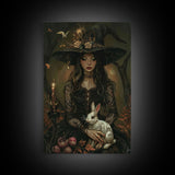 Witch with Bunny and Candles - Mystical Forest Enchantment Halloween Art Framed Canvas Print, Witchy Home Decor