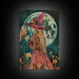 Witch in Purple Hat with Owl - Moonlit Enchantment Mystical Beauty Framed Canvas Print, Halloween Witch Decor