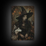 Witch with Wolves in Enchanted Forest - Dark Sorcery Mystical Art Framed Canvas Print, Halloween Gothic Decor