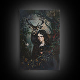 Woman with Deer in Enchanted Forest - Halloween Art, Gothic Art, Spooky Decor, Sinister Portrait, Haunted Forest, Framed Canvas Print