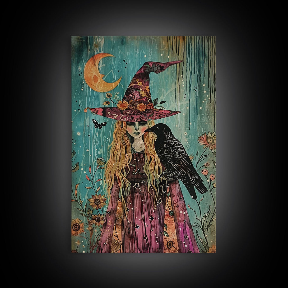 Witch with Owl in Magical Forest - Halloween Art, Gothic Art, Spooky Decor, Dark Magic Art, Enchanted Woods, Framed Canvas Print