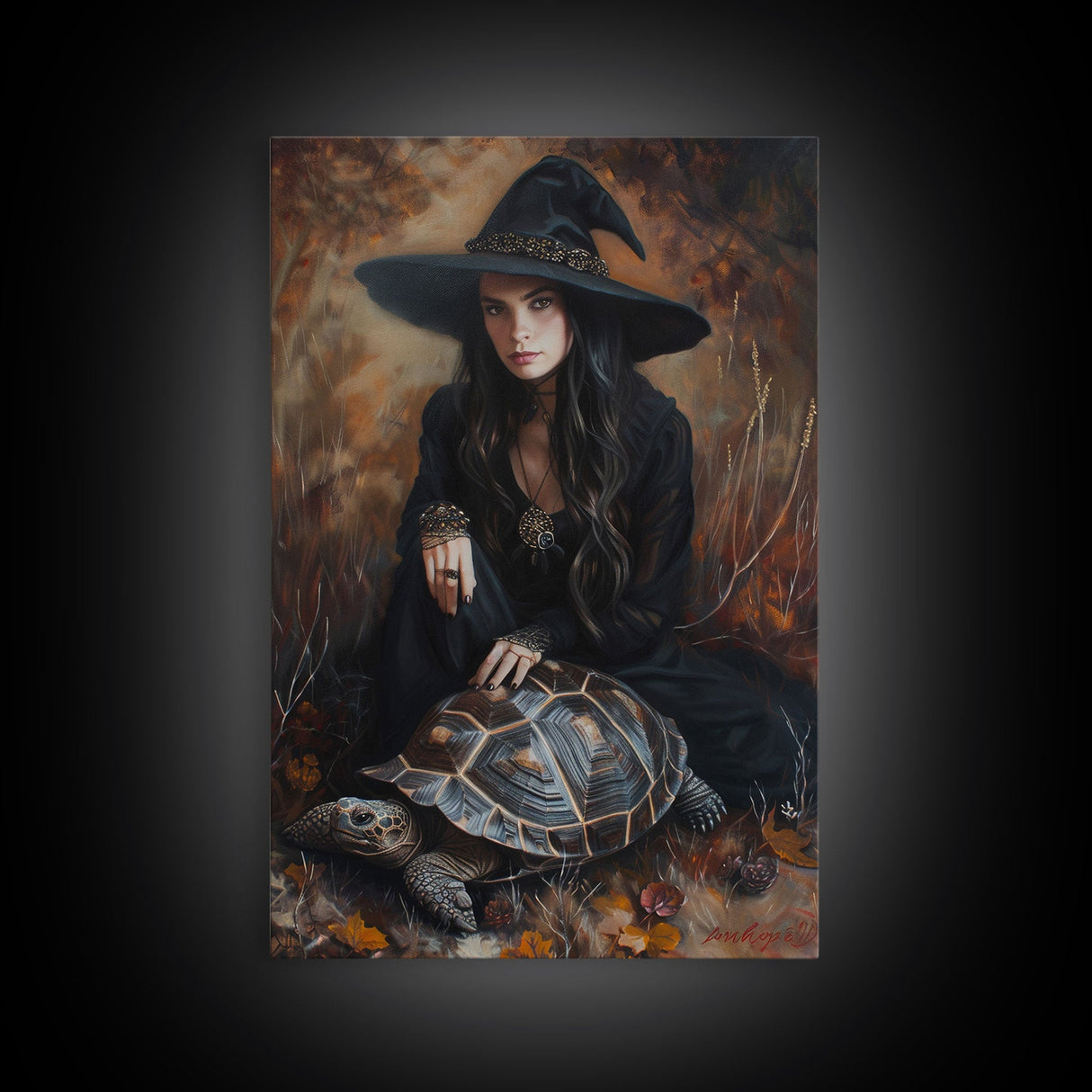 Witch with Mystical Elements - Halloween Art, Gothic Art, Spooky Decor, Dark Magic Art, Bewitching Portrait, Framed Canvas Print