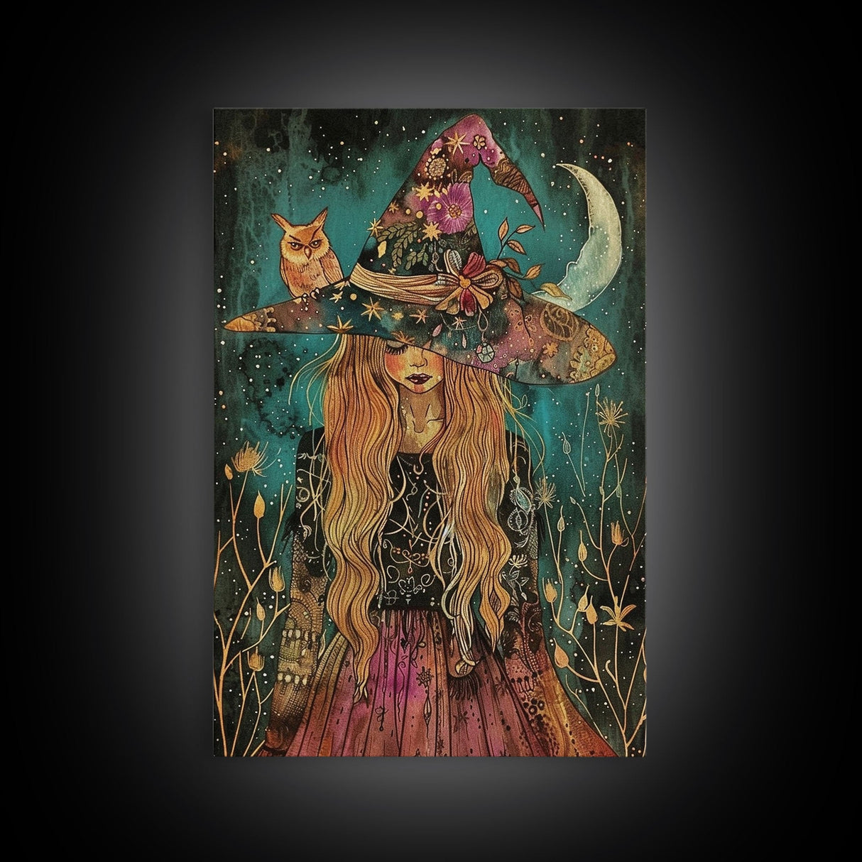 Witch with Black Cat and Moon - Halloween Art, Gothic Art, Spooky Decor, Dark Magic Art, Ominous Portrait, Moonlit Night Framed Canvas Print