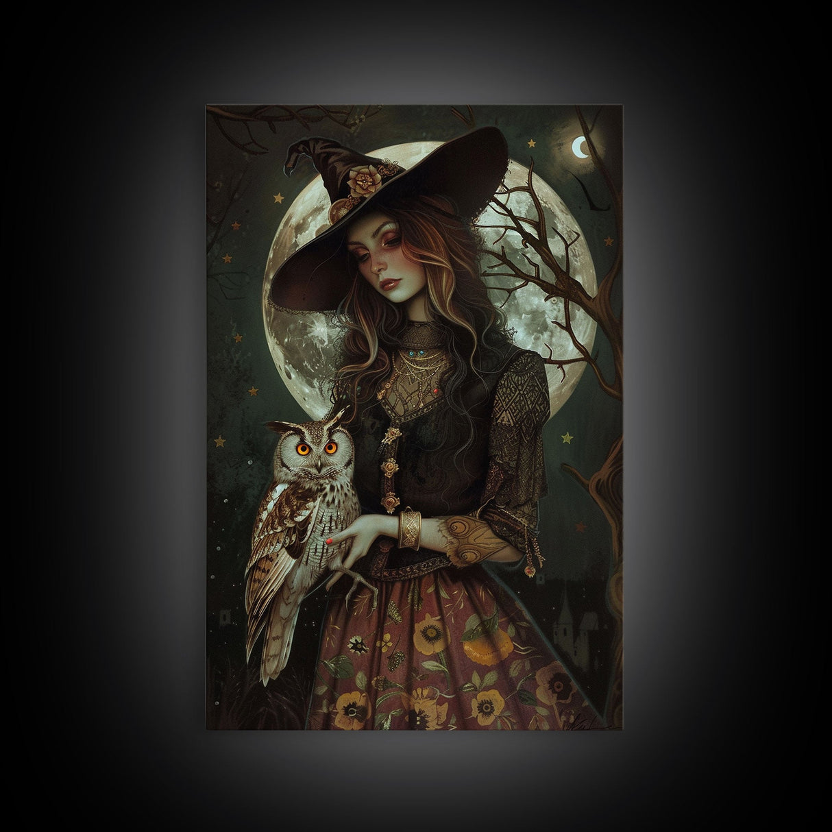 Witch Holding Owl Canvas Print - Halloween Art, Spooky Home Decor, Wall Art, Witch Painting, Halloween Decor, Framed Canvas Print