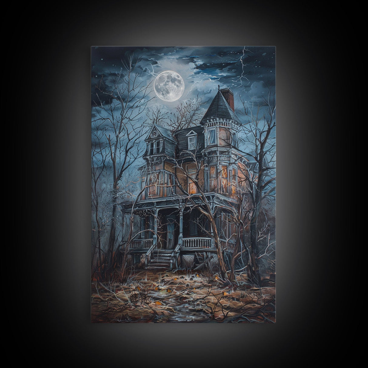 Abandoned House Under Moon Full Halloween Art, Spooky Mansion, Haunted Home, Creepy Decor, Gothic Artwork, Framed Canvas Print