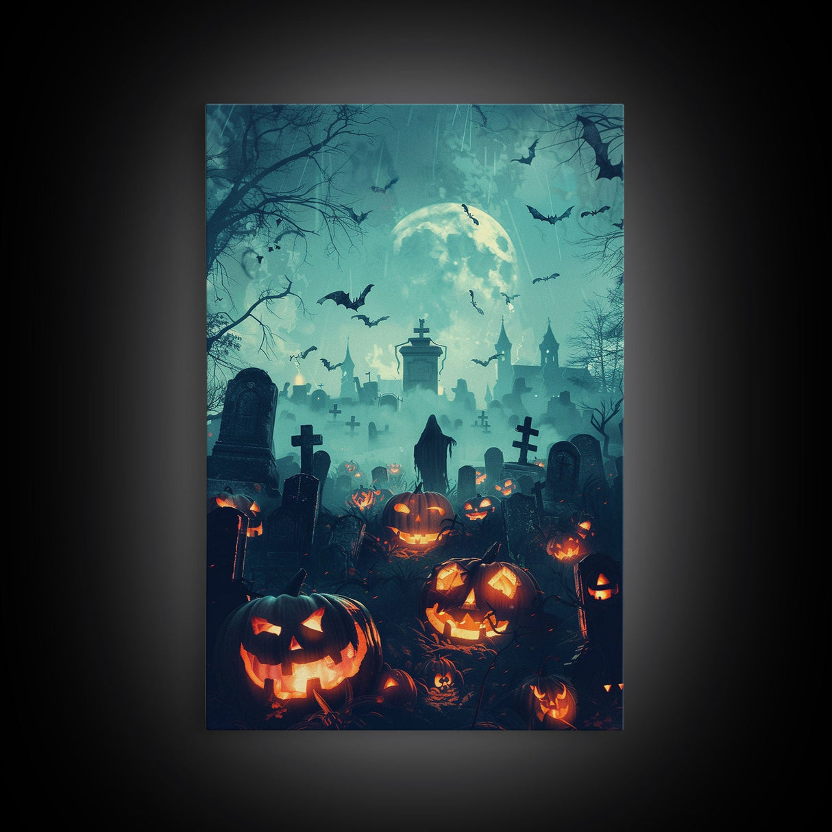 Bats and Jack-O-Lanterns Framed Canvas Print, Halloween Wall Art, Haunted Graveyard, Home Decor, Spooky Art, Living Room Decor, Gothic Art