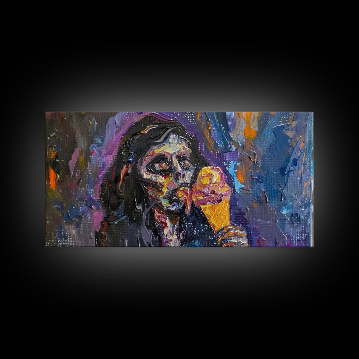 Zombie Eating an Ice Cream Cone, I thought they wanted brains? Framed Canvas Print, Halloween Decor