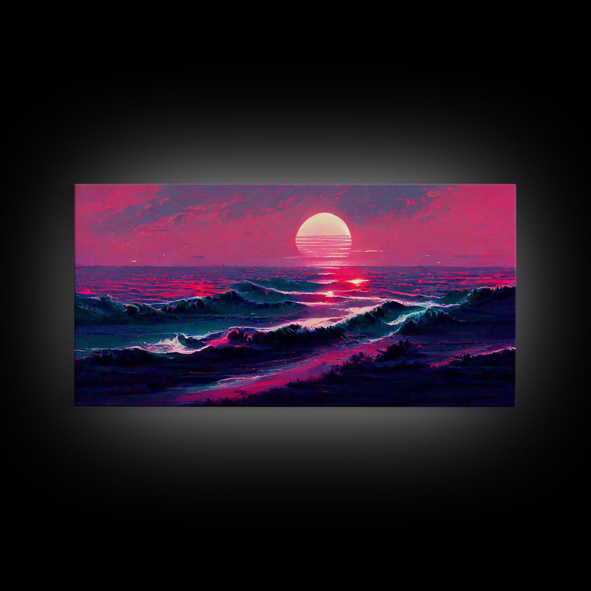 Synth wave sunset, ocean painting canvas print, outrun style, sun set art, wall decor, Made in Texas, ocean sunset, beach vaporwave