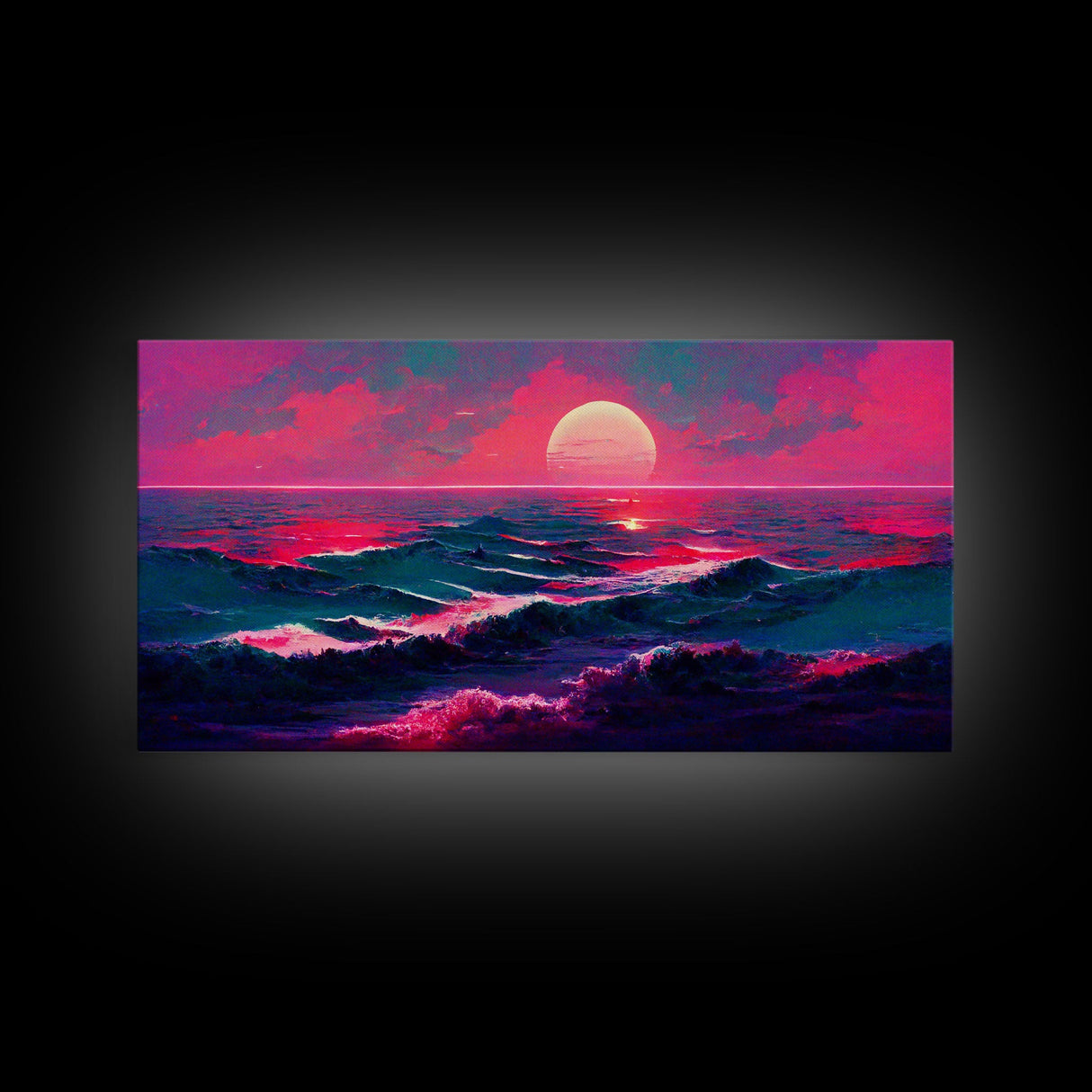 Synth wave sunset wall art, ocean painting canvas print, outrun style, sun set art, wall decor, ocean sunset, beach vaporwave, guest room