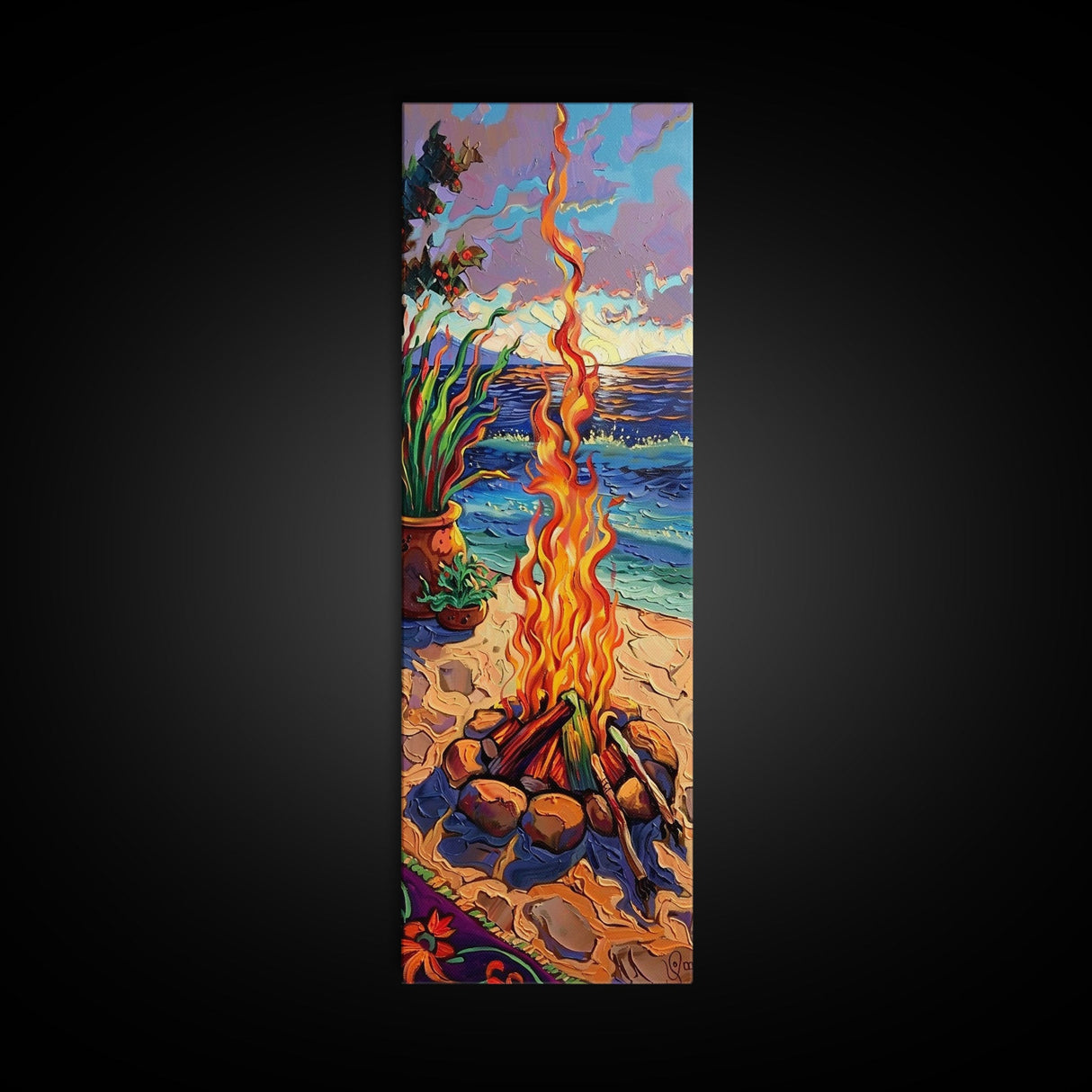 Abstract Canvas Painting of Campfire on Beach, Beachy Wall Art, Tall and Narrow Vertical Wall Art, Canvas Painting Printed and Framed