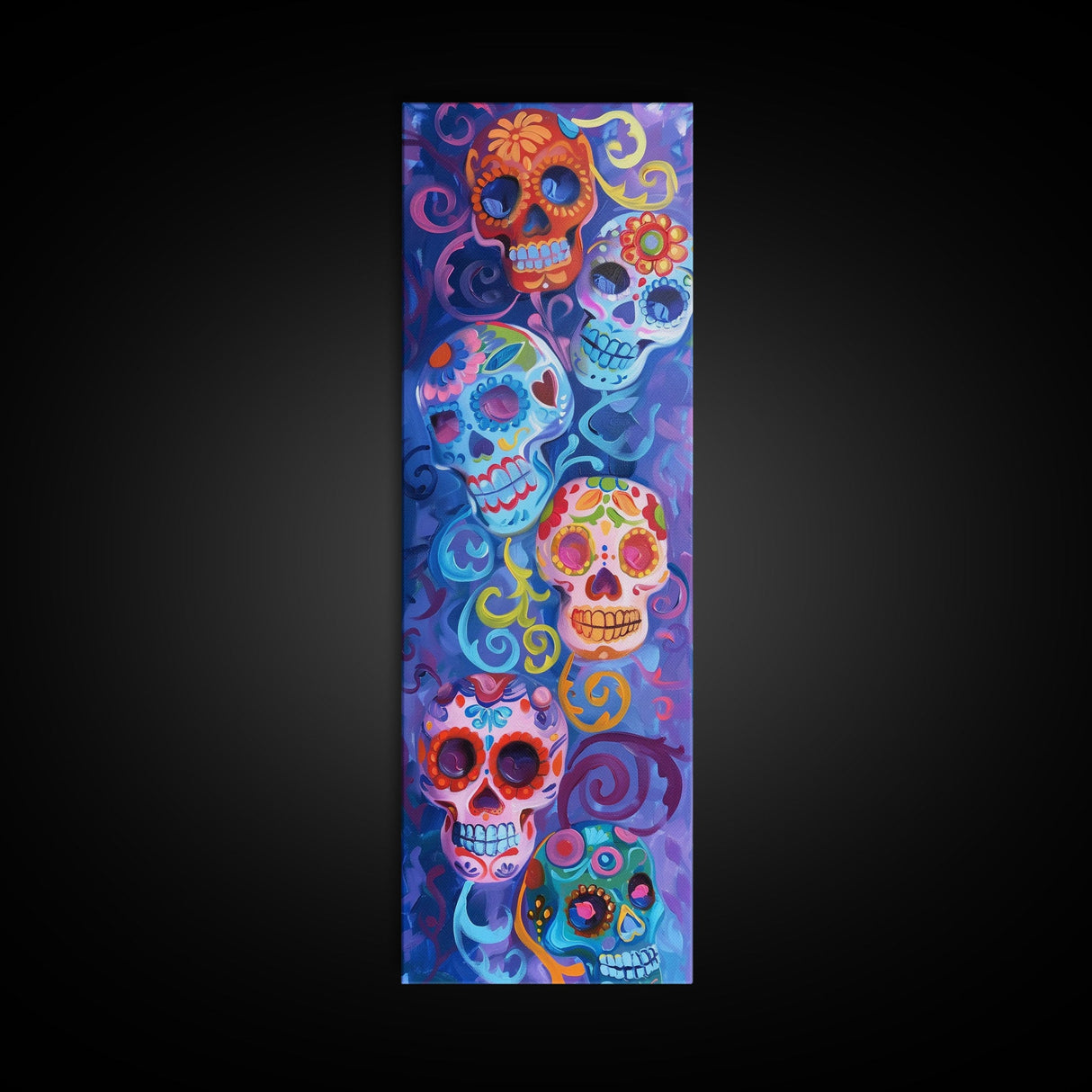 Vertical Calavera Sugar Skull Day of The Dead Canvas Painting Framed, Mexican Framed Art, Colorful Living Room Wall Art, Modern Abstract Art