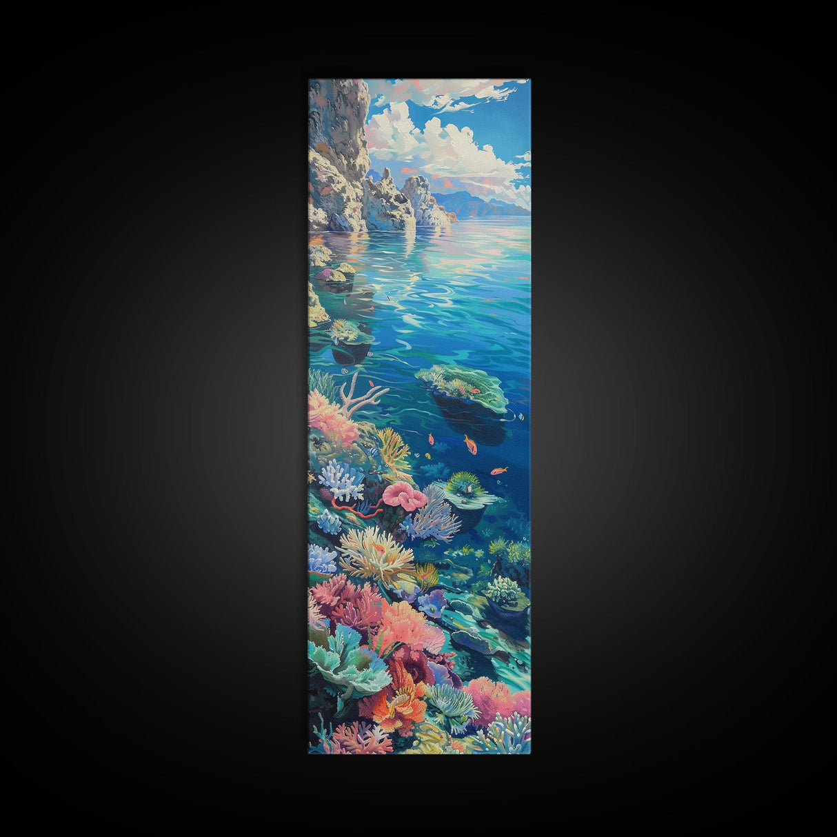 Tall and Narrow Vibrant Coral Reef Coastal Art Framed on Canvas, Ocean Painting, Tropical Coast Wall Art, Modern Art Print for Living Room