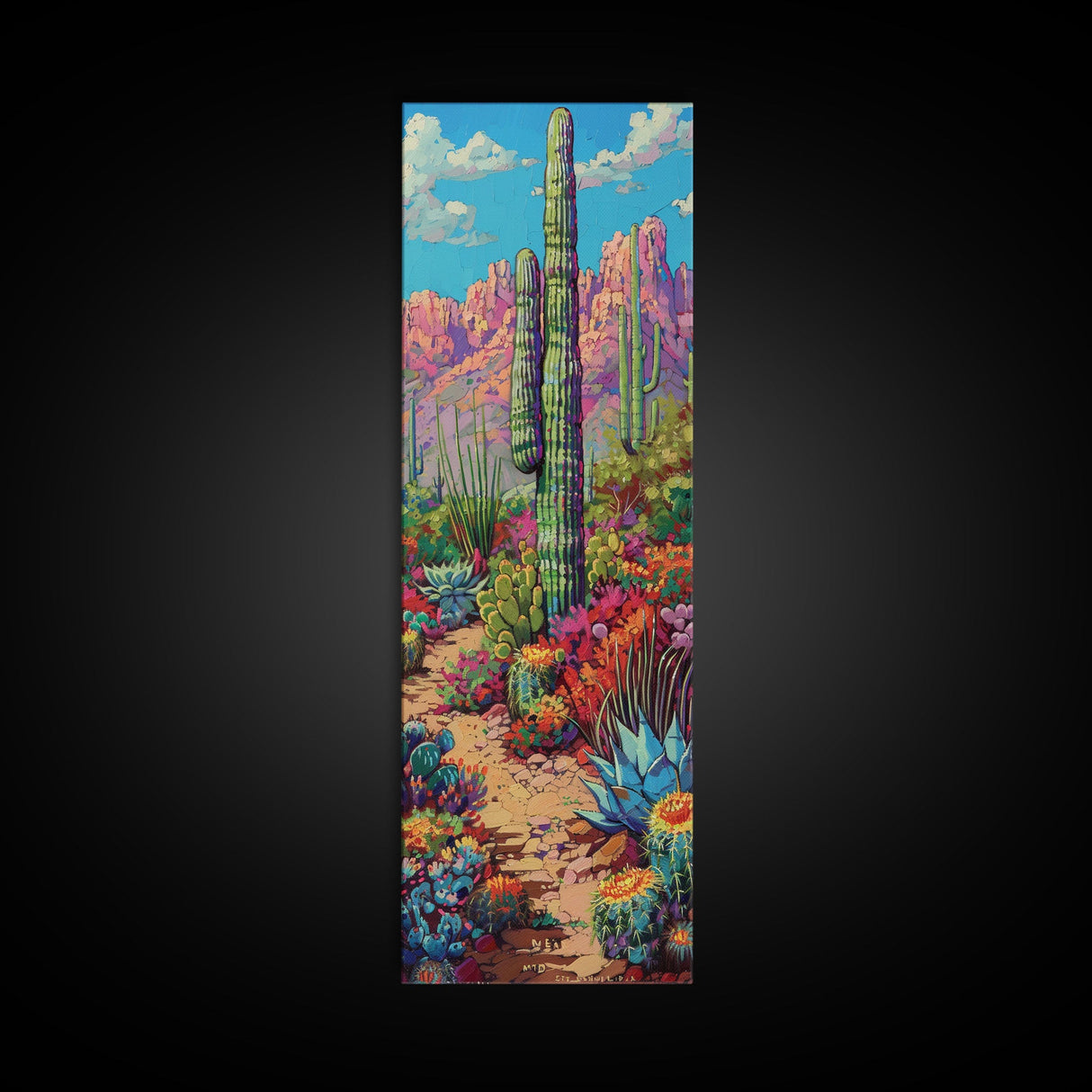 Tall and Narrow Colorful Desert Art Framed Canvas Print, Western Cactus Painting, Desert Landscape Art, Framed Living Room Art