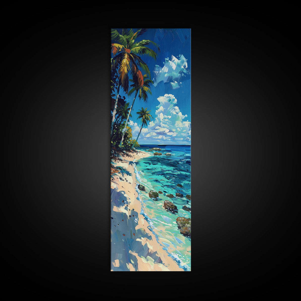 Tropical Beach Scene With Palm Trees Skinny Art Framed Canvas Print For Living Room Or Bedroom Wall Art