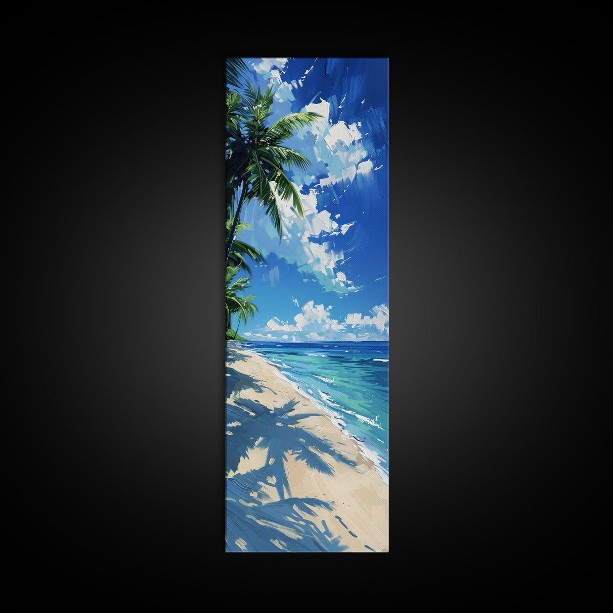 Crystal Clear Waters And Palm Trees On A Sandy Beach Skinny Art Framed Canvas Print For Bedroom Or Guest Room Decor