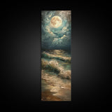 Mystical Moonlit Waves and Reflections Over the Ocean, Skinny and Tall Art, Captivating Landscape Painting, Framed Canvas Print, Wall Decor