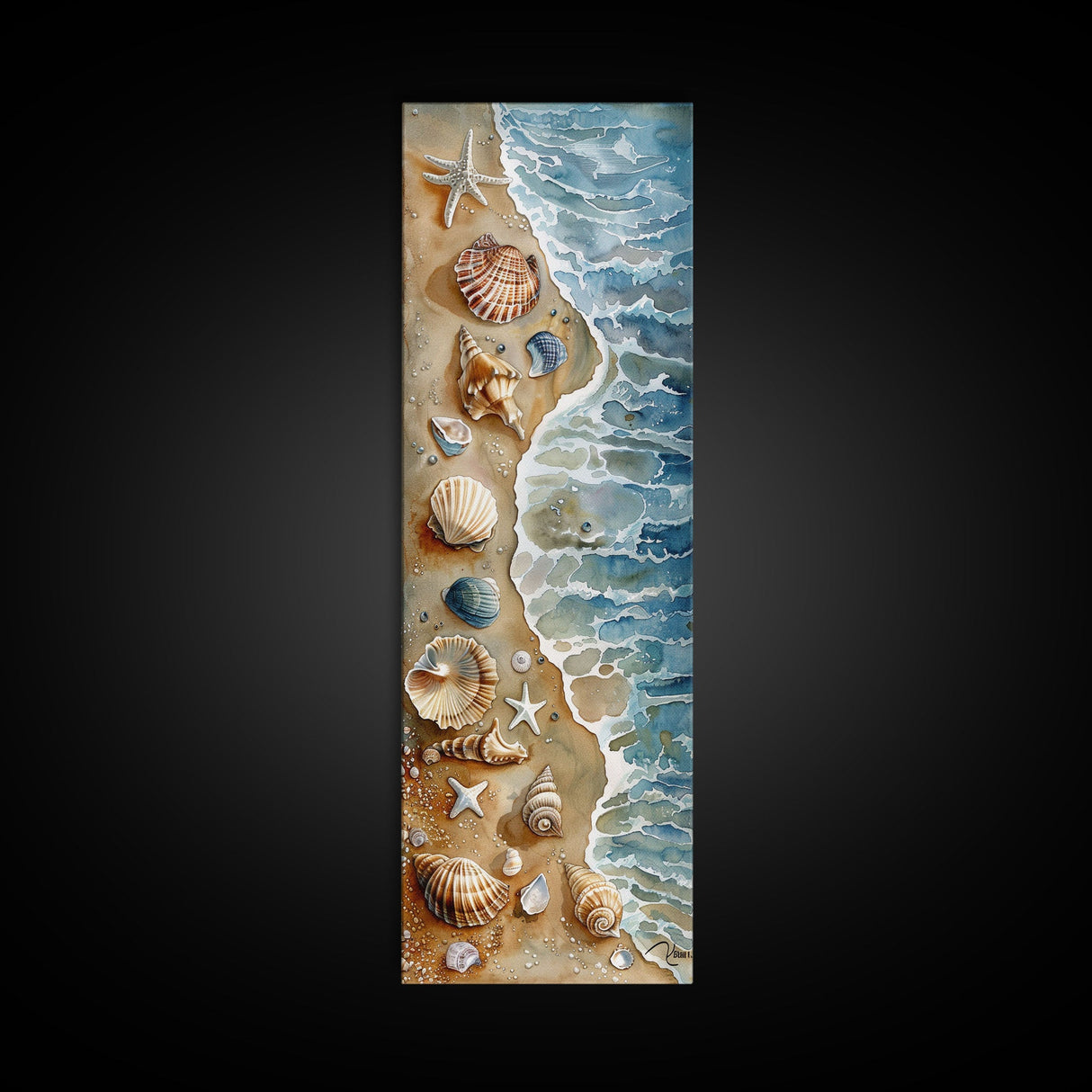 Seashells and Starfish Beach Art - Framed Canvas Print, Skinny Tall Art, Coastal Wall Art, Living Room Decor, Bedroom Art, Seashell Painting