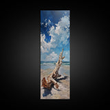 Framed Canvas Print Tall Art Featuring a Piece of Driftwood on a Sandy Beach with Bright Blue Sky and Ocean Waves, Ideal Skinny Art for Coastal Homes