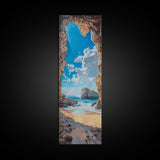 Framed Canvas Print Skinny Art of a Sunlit Beach Scene Framed by Rocky Cliffs, Overlooking a Crystal Blue Sea Under a Clear Sky, Perfect Tall Coastal Art