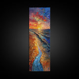 Framed Canvas Print Skinny Art of a Vibrant Sunset Over a Rolling Ocean with Dramatic Colors in the Sky and Water, Ideal Tall Art for Modern Spaces