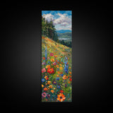 Wildflowers In Bloom, Framed Canvas Print, Skinny Panoramic Landscape Painting, Beautiful Wall Art, Gift Idea For Her, Housewarming