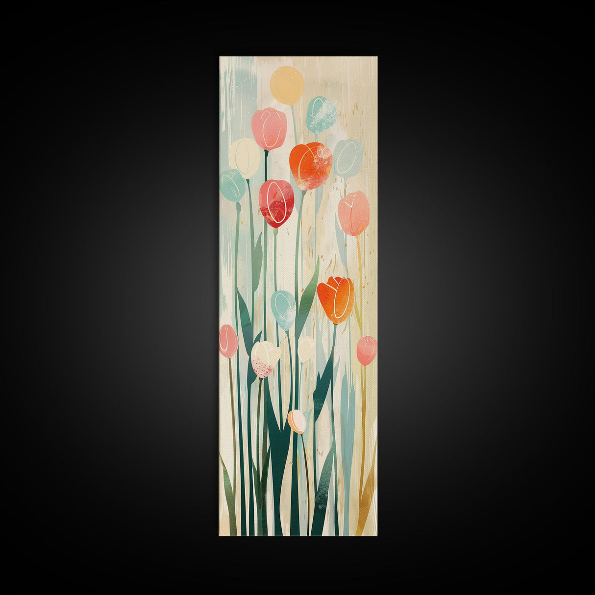 Abstract Tulips, Pastel Colors, Japanese Art, Skinny Art, Tall Art, Framed Canvas Print, Ukiyo-e Style