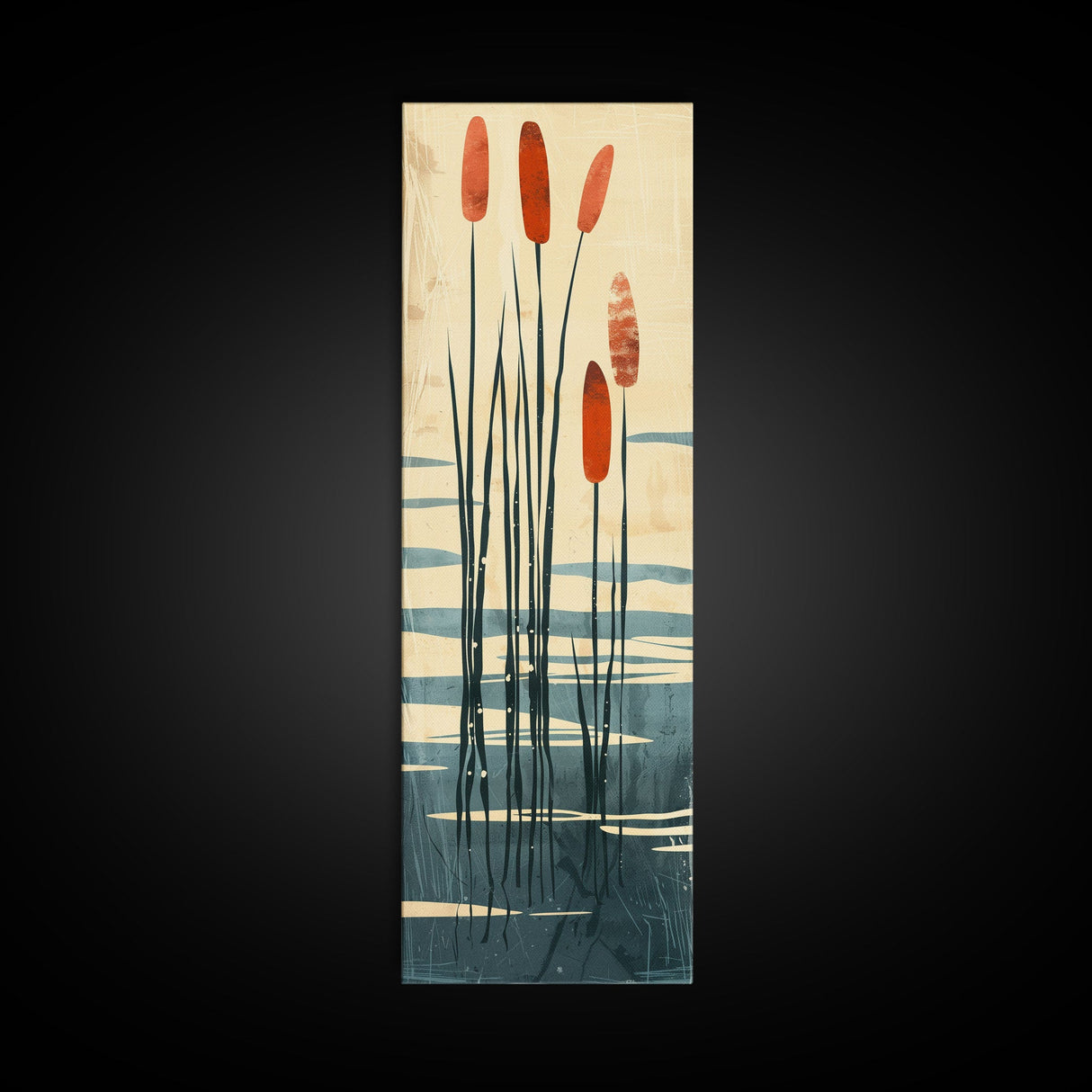 Skinny Art Tall Art Framed Canvas Print Minimalist Cattail Plants With Abstract Lines And Earthy Tones Ukiyo-e Japanese Style Art