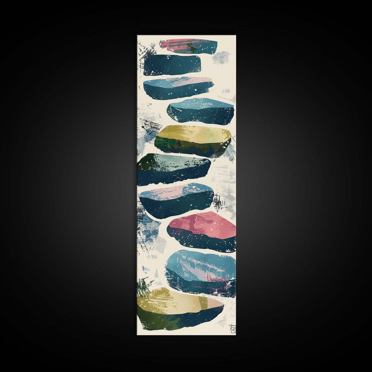 Skinny Art Tall Art Framed Canvas Print Abstract Stepping Stones In Varied Colors Over A Neutral Background Ukiyo-e Japanese Style Art