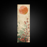 Abstract Sun Over Branch With Red Leaves Framed Canvas Print Ukiyo-e Wall Art Tall Art Wood Block Print Skinny Art Japanese Style