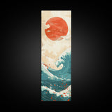 Red Sun and Ocean Waves Skinny Wall Art Framed Canvas Print in Cream and Teal Tones with Red Splashes Japanese Art