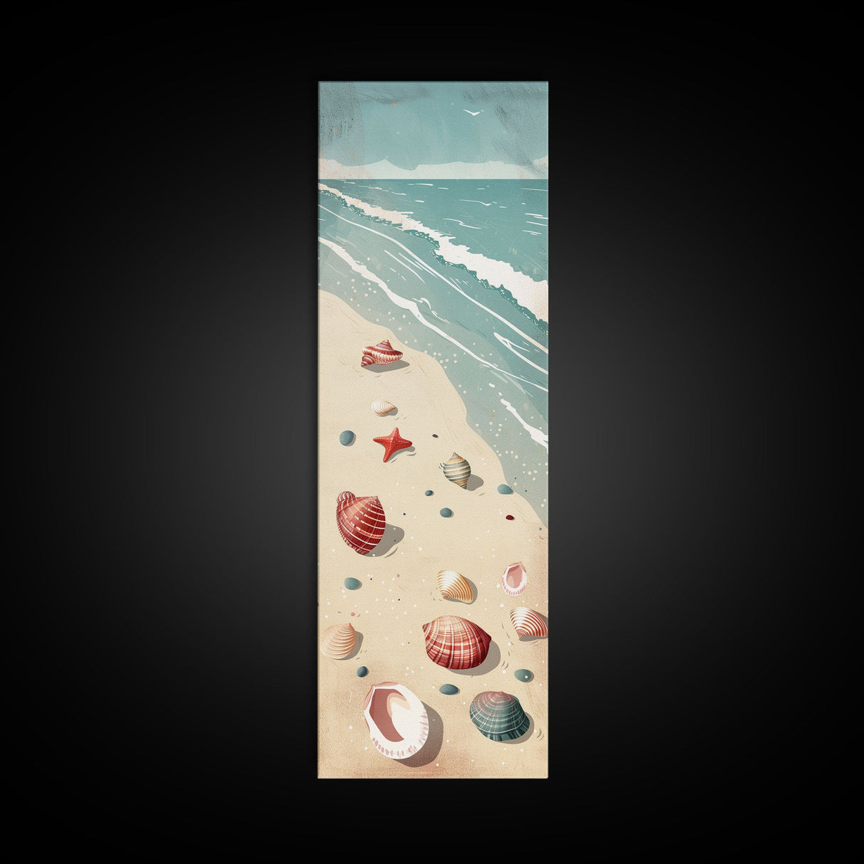 Japanese Style Art Featuring A Serene Beach Scene With Seashells And Gentle Waves, Skinny Art, Tall Art, Ukiyo-e Art, Framed Canvas Print, Wood Block Print