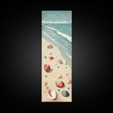 Japanese Style Art Featuring A Serene Beach Scene With Seashells And Gentle Waves, Skinny Art, Tall Art, Ukiyo-e Art, Framed Canvas Print, Wood Block Print