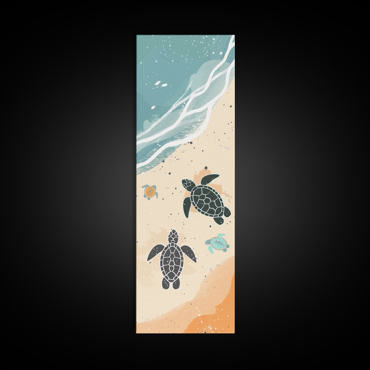 Sea Turtles On Japanese Beach Canvas Print, Ukiyo-e Woodblock Style, Framed Canvas Print, Tall Skinny Japanese Wall Art, Ready To Hang