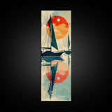 Serene Sunset Sailing Skinny Art Tall Art Japanese Ukiyo-e Inspired Ocean Framed Canvas Print for Home and Office Decor